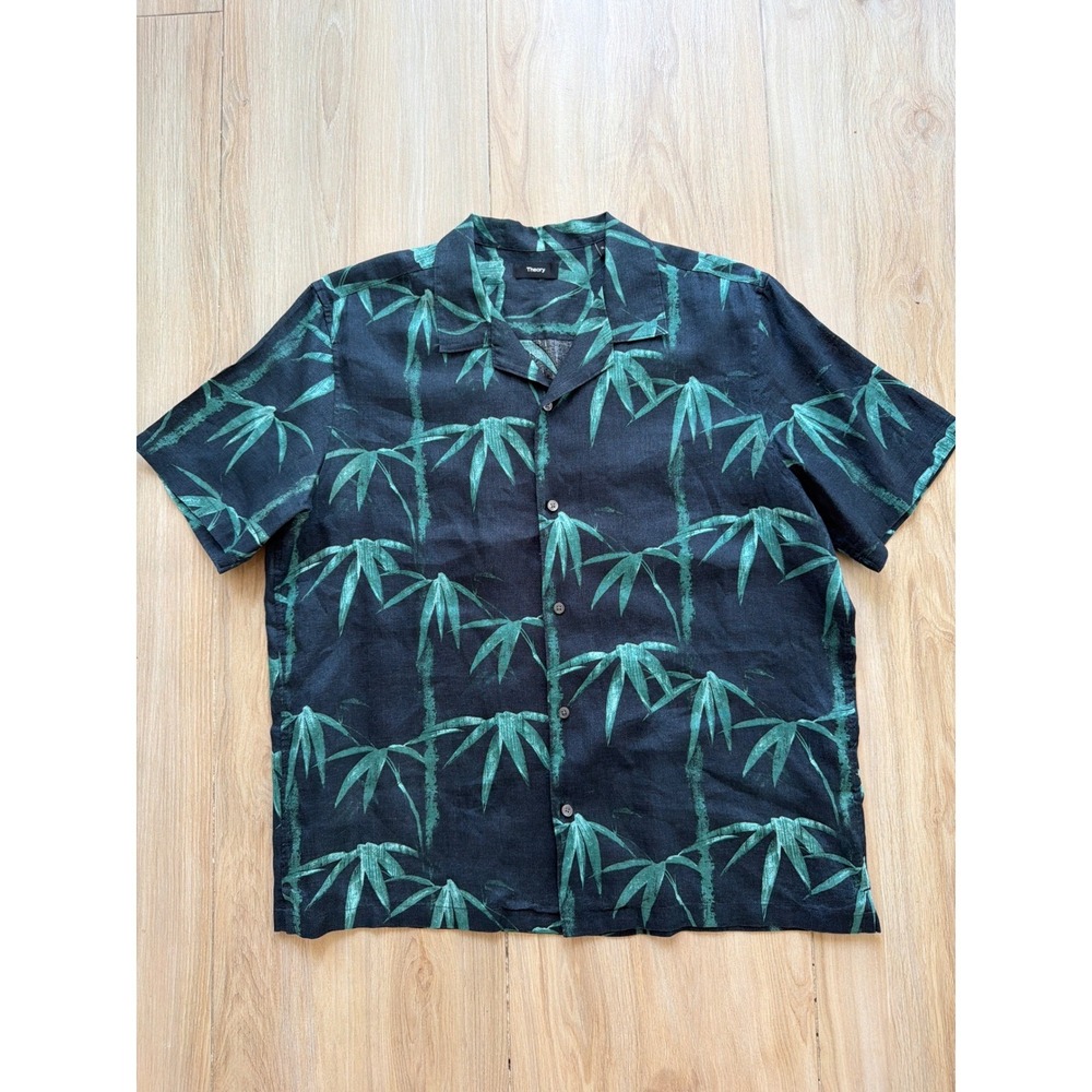 Theory Mens Irving SS Linen Bamboo Flower Print Shirt Black Green XL N0573501